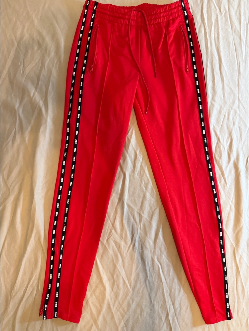 Pink Active Red Track Pants with Black and White Side Stripe Detail, Size S